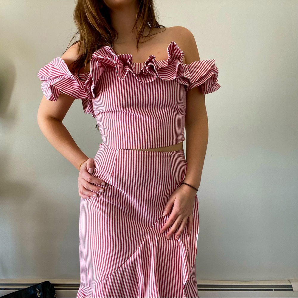 Red and white striped ruffle crop top and skirt set from Free People size Small